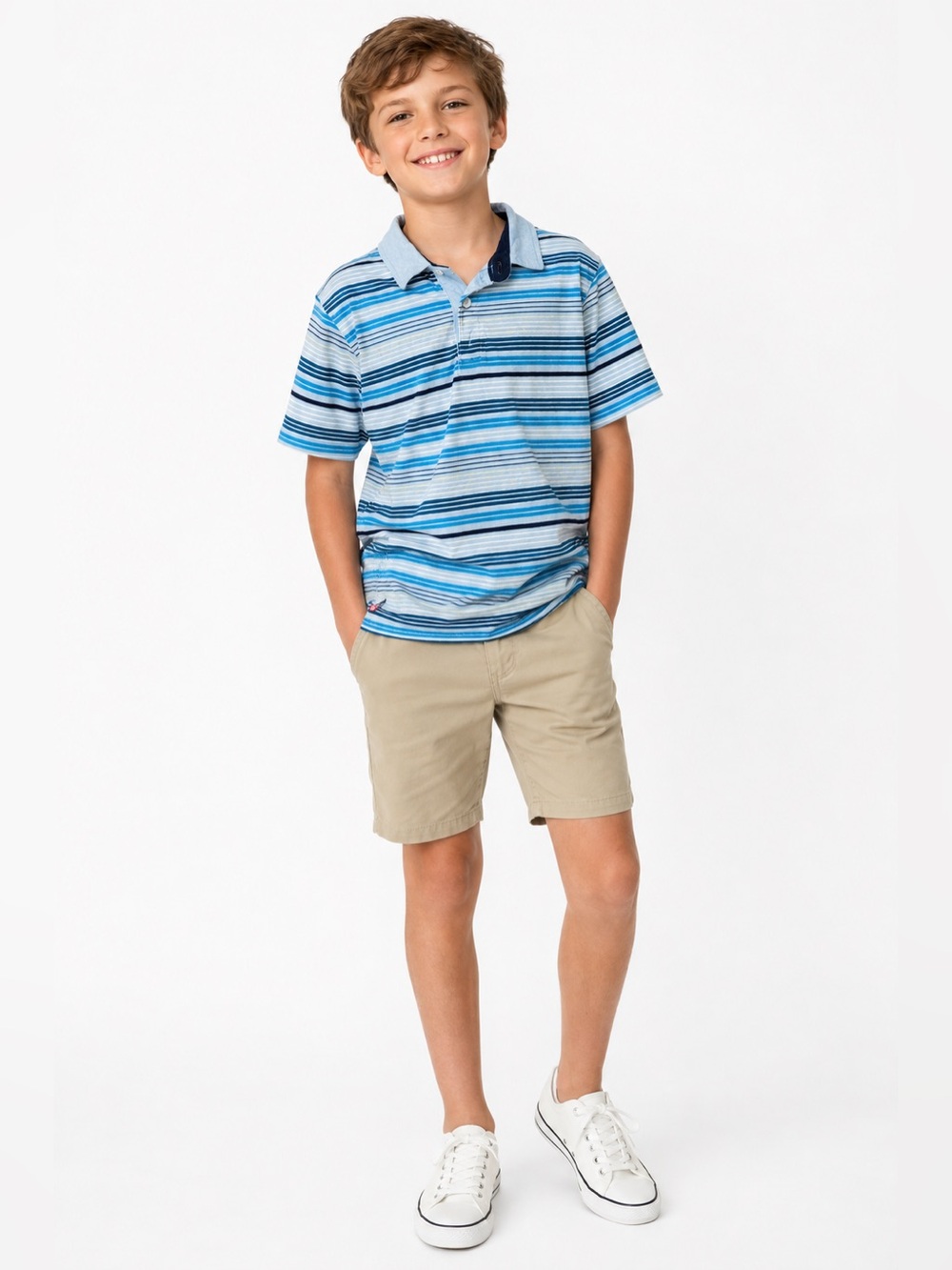 Boys XL 7X Blue Striped Short Sleeve Polo Shirt Casual Collared Top Kids